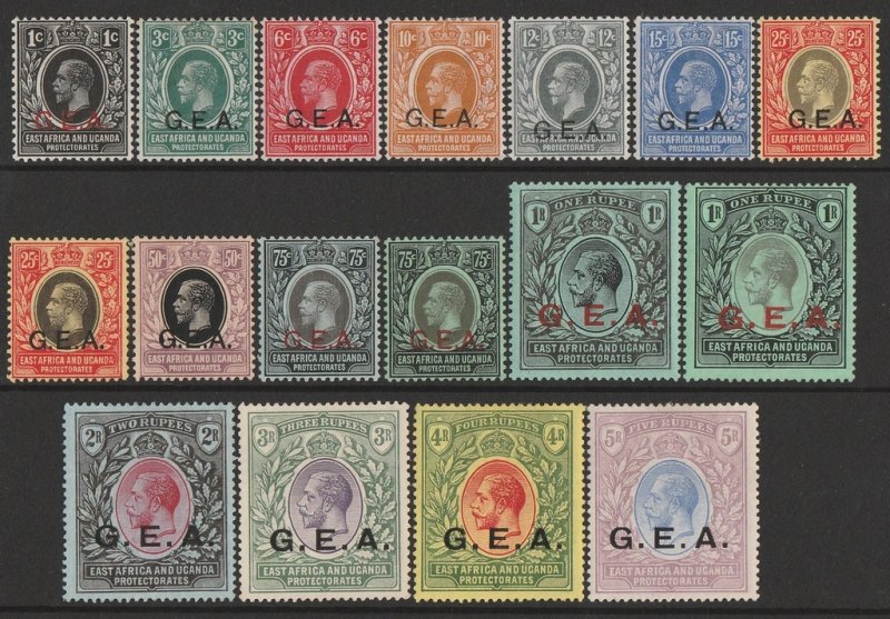 TANGANYIKA 1917 'GEA' on KGV 1c-5R, plus 25c, 75c & 1R shades. 