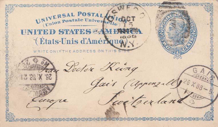 United States New York Oswego 1888 numeral duplex   2c Blue Liberty Postal Ca...