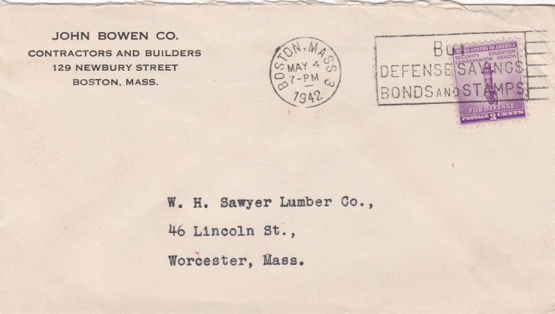 U.S. JOHN BOWEN CO. 1942 Builders & Contractors,Mass. Slogan Stamp Cover Rf47814