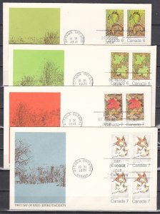 Canada, Scott cat. 535-538. Seasons Blocks of 4 on 4 First day covers. ^