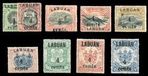 Labuan #110-118 (SG 129-137) Cat£170, 1904 Surcharges, compete set, hinged