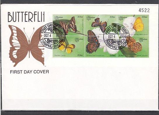 Bhutan, Scott cat. 1239. Butterflies sheet of 6 on a First day cover. ^