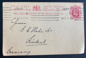 1909 London England Postal Stationery Postcard cover To Lubeck Germany