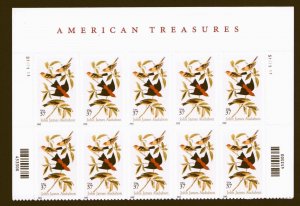 US 3650 37c American Treasures Tanager Birds Header Plate Block of  10