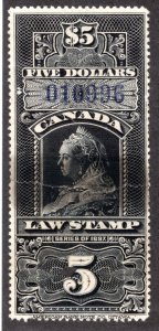 FSC12, van Dam, $5, Used, REPAIRED, Federal Court, 1897 Widow Victoria, Canada