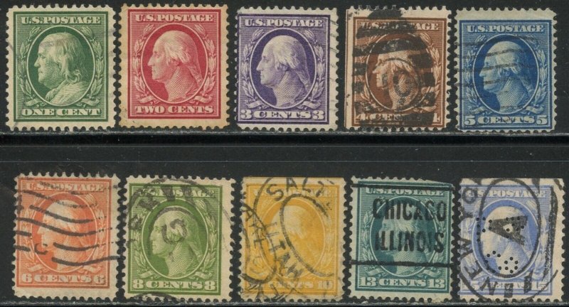 US Sc#331-340 1908-9 1-15c Double Line Watermark 191 Used some SE & faults