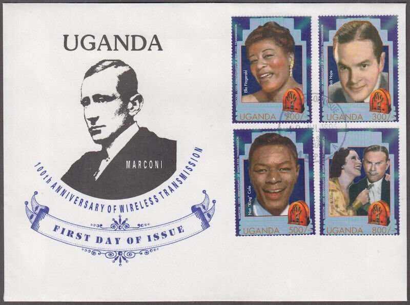 UGANDA Sc #1416-9 FDC - SET of 4  ENTERTAINERS, incl GEORGE BURNS, BOB HOPE etc