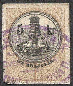 HUNGARY 1881  5kr Documentary Revenue, Barefoot #110 Used on piece