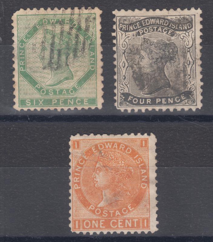 Prince Edward Island Sc 7, 9, 11 used. 1862-72 issues, 3 different, small faults