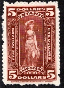 van Dam OL83, $5, used, VF-XF, 1929-61 Ontario Law Stamp, Canada Revenue