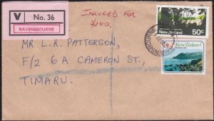 NEW ZEALAND 1977 Insured cover with V label - Ravensbourne to Timaru.......B3595