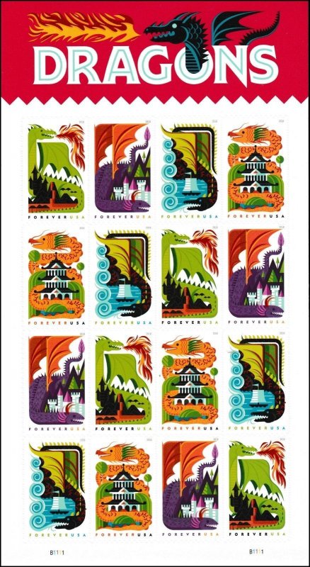 ​(S) USA Sc#5307-5310 5310a Dragons Forever Sheet of 16 MNH