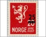 Norway Mint NK 375 Lion type II- Surcharge 25 Øre Red