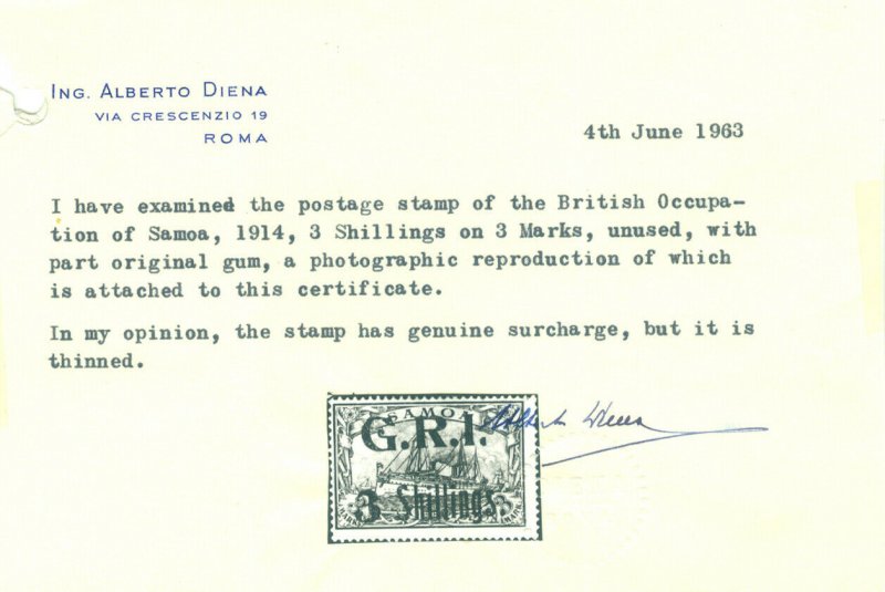 German Colonies - SAMOA 1914 Yacht G.R.I. surcharge 3sh/3mk viol Sc# 112 mint MH