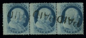 US Stamp #24 Franklin 1c - PSE Cert - USED - Va Strip of 3 with PAID Cancels