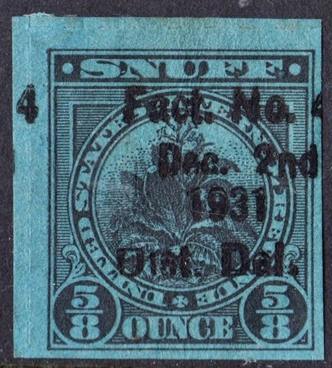 Snuff Tax Stamp: ⅝ Ounce: Dated Dec. 2nd 1931 (1917) Used