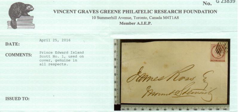 Prince Edward Island #1 Used On Cover **With Certificate**