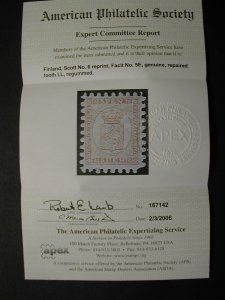 Finland, Scott #6 reprint, Facit #5E, regummed, with flaws, with Certificate