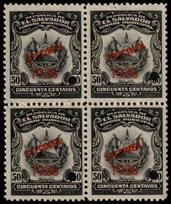 ✔️ EL SALVADOR 1926 (1920) COAT OF ARMS BL/4 MUNICIPAL REVENUE 50 CTVS MNH [037]