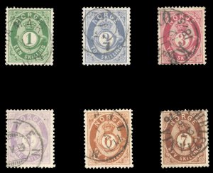 Norway #16-21 Cat$354.50, 1872-75 1s-7s, set of six, used, 7s thin