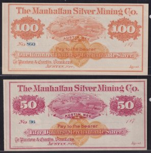 RN-D1 Austin, Nevada. Manhattan Silver Mining Co. of Nevada scrip, Set of Seven