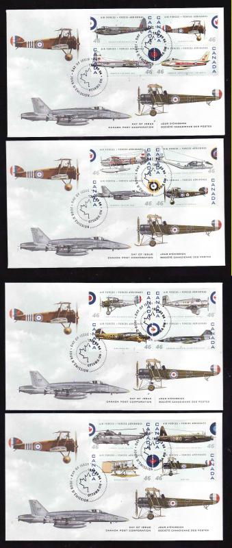 Canada-Sc#1808a-p-stamps on 4 FDCs-Planes-Canadian Air Forces-Military-1999-