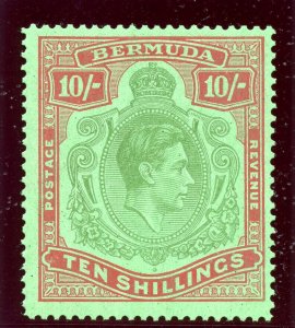 Bermuda 1942 KGVI 10s yellow-green & carmine/green (p14¼-O) superb MNH. SG 119b.