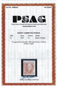 Scott  #1d  XF-used – BROWN ORANGE – 2022 PSAG Cert. Showpiece!