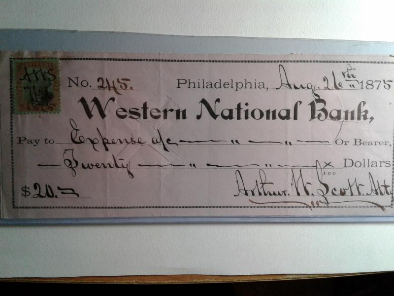 SCOTT # R35 USED INTERNAL REVENUE STAMP CHECK WESTERN NATIONAL BANK 1875