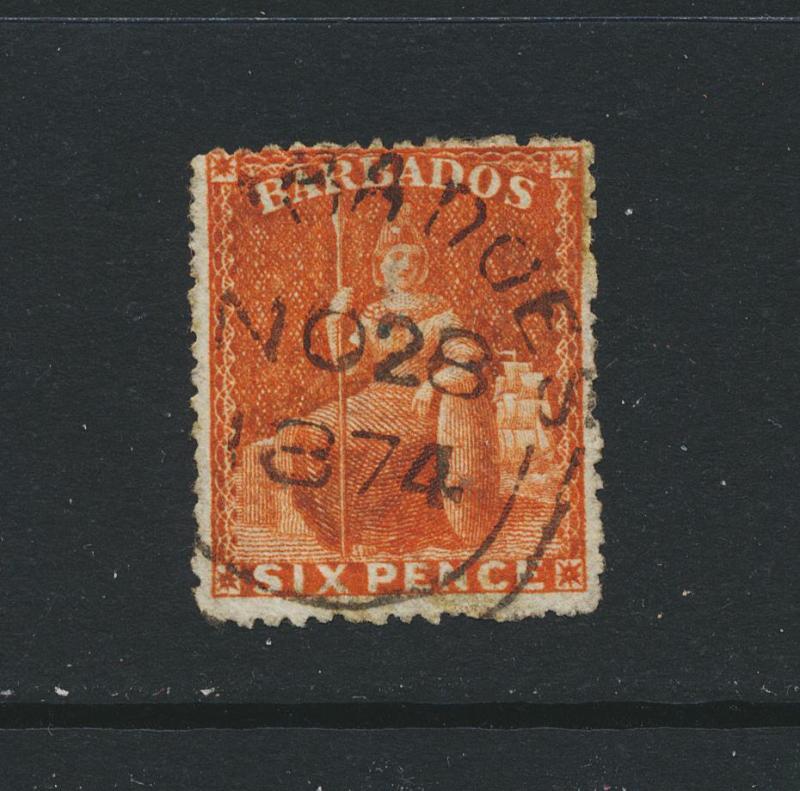 BARBADOS 1873, 6d ORANGE VERMILLION, VF USED SG#60 CAT£95 $124 (SEE BELOW)