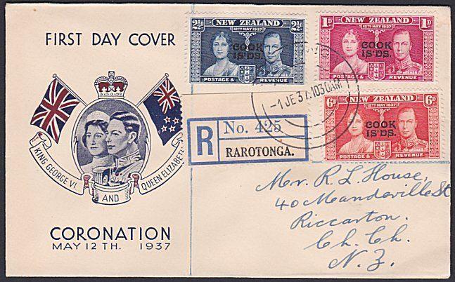 COOK IS 1937 Coronation registered commem FDC to NZ........................87728