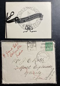 1938 Adelaide Australia Mourning Cover To The Grand Hotel Calcutta India W Card