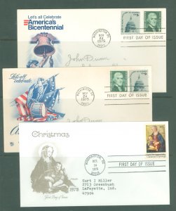 US 1591/1579 1975 3 addressed FDCs with 2 WP & 1 artmaster cachets; America's Bicentennial, Christmas