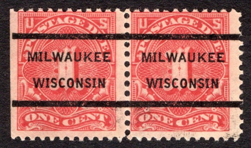 1917, US 1c, Postage Due, Used pair, Milwaukee precancel, Sc J61