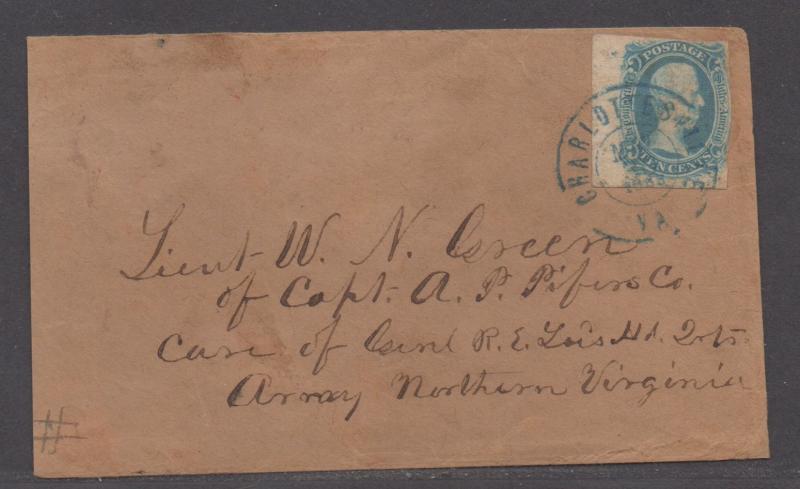 **CSA Cover SC# 9 Charlottesville, VA, 5/30/1863 Ten Cents Lt. Green Army Mail