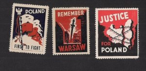 POLAND: THREE WWII labels First to Fight, Remember Warsaw, etc, NYC made & RARE!