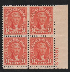 USA #641 VF OG NH, Plate Block of 4, vivid color! Retail $17.5