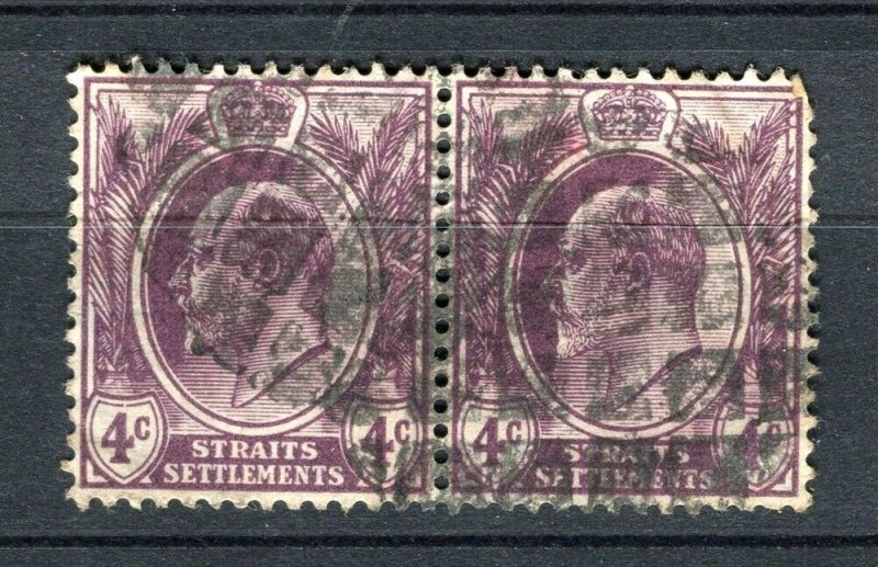 STRAITS SETTLEMENTS; Early 1900s Ed VII issue fine used 4c. Postmark Pair