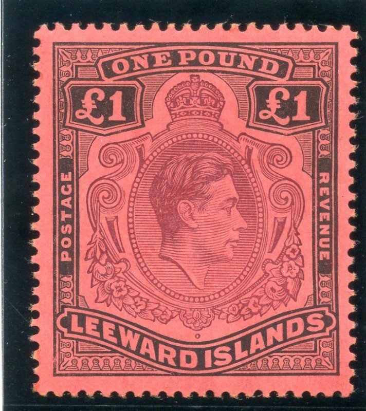 Leeward Islands 1942 KGVI £1 purple & black/carmine (p14) MLH. SG 114a. CW 13c.