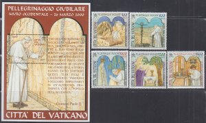 VATICAN Sc #1185-90 CPL MNH SET  5 + S/S YEAR 2000 TRAVELS of POPE JOHN PAUL II