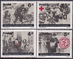 Poland 1984 Sc 2634-7 Warsaw Uprising 40th Anniversary Red Cross Stamp MNH