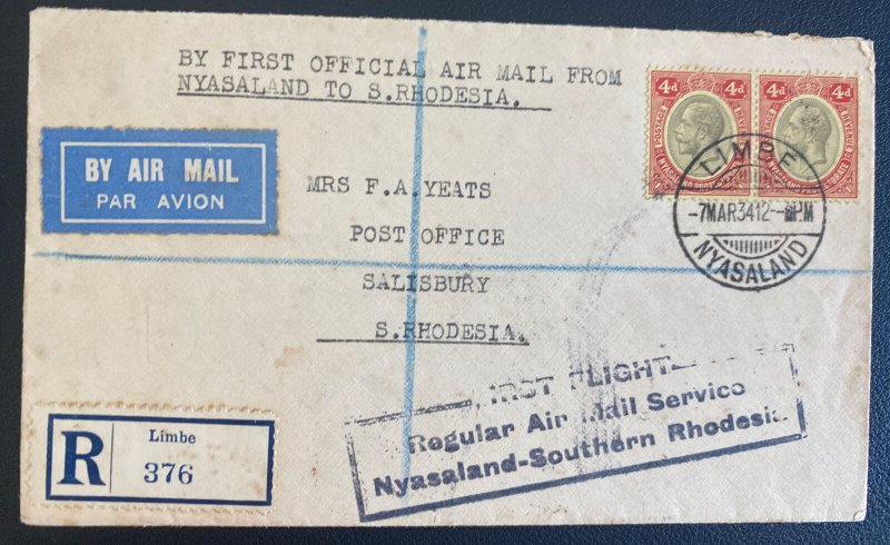 1934 Limbe Nyasaland First Flight Airmail Cover To Salisbury S Rhodesia FFC