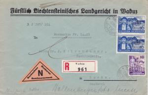 Liechtenstein 1942 Official Cover Vaduz to Bruchs. Registered & Nachname C.O.D.