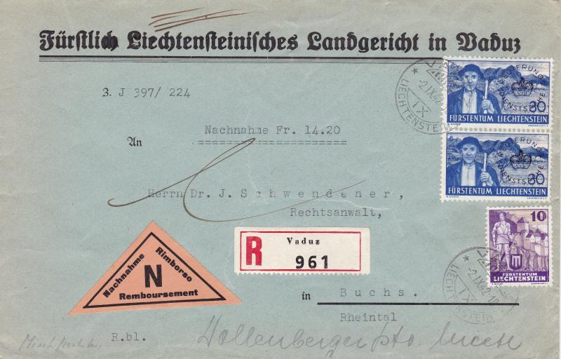 Liechtenstein 1942 Official Cover Vaduz to Bruchs. Registered & Nachname C.O.D.