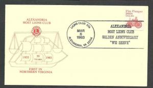 DATED 1983 COVER ALEXANDRIA VA LIONS INTL GOLDEN ANNIV W/CACHET CANCEL & LETTER