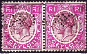 CEYLON 1928 KGV 1R Dull & Bright Purple Horizontal Pair SG363 Used with Perfi...