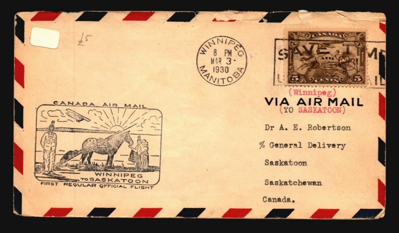 Canada 1930 FFC Winnipeg to Saskatoon - L2065