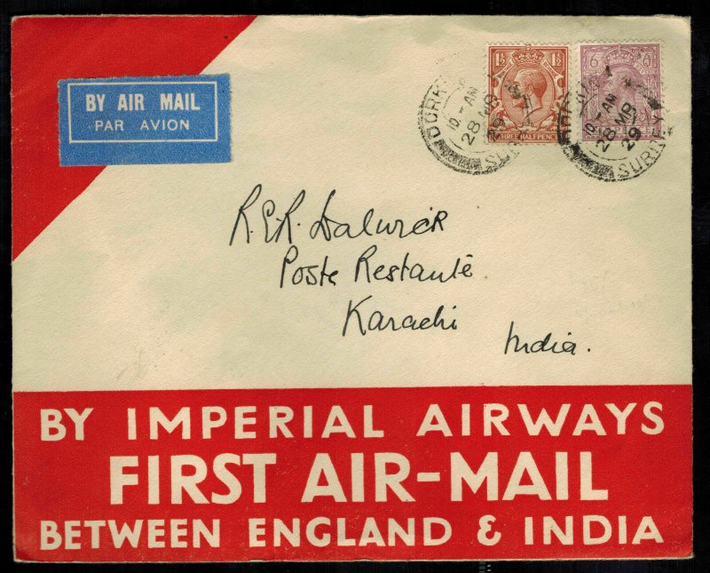 1929 England to India First flight cover FFC Imperial Airways
