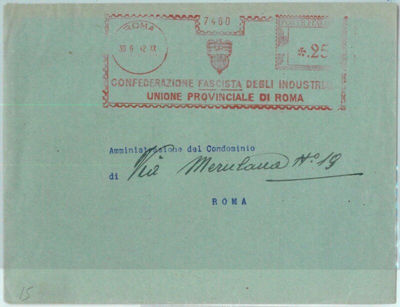 91158 - STORIA POSTALE - Annullo ROSSO MECCANICO  1942 Confederazione Fa,  ROMA