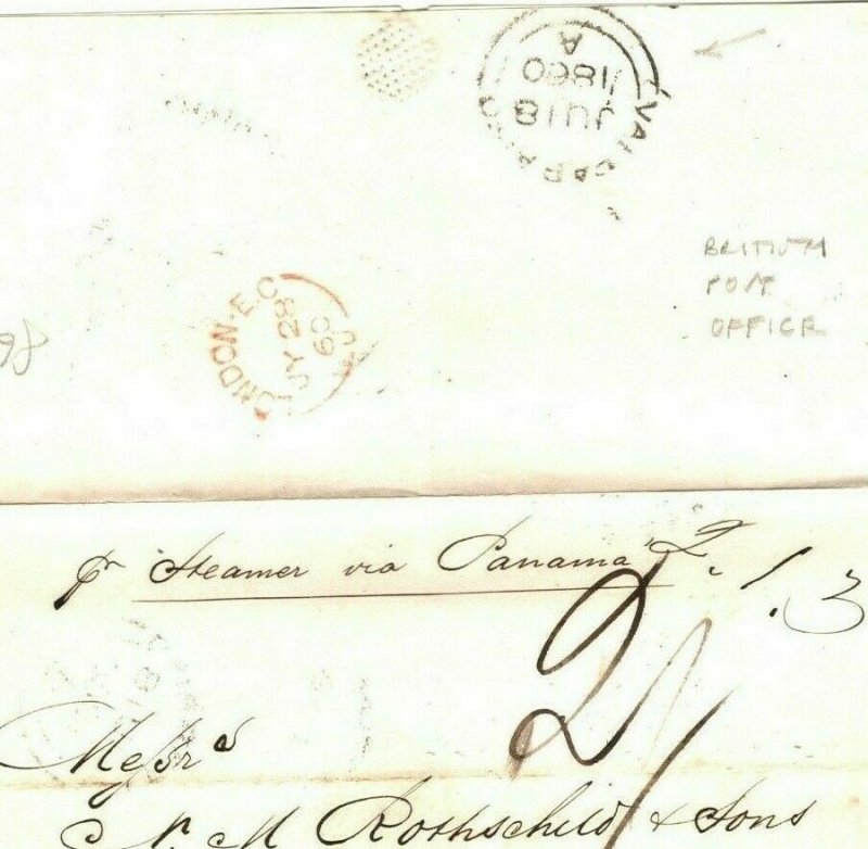 CHILE Cover BRITISH POST OFFICE*Valparaiso* Transatlantic Via Panama 1860 Gi-325